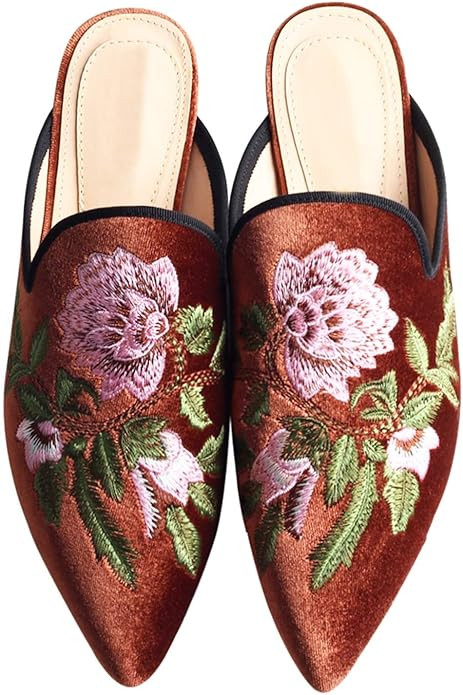 Fericzot Women's Velvet Backless Pointed Toe Slip On Loafers Flats Embroidery Mule Slippers Shoes | Amazon (US)