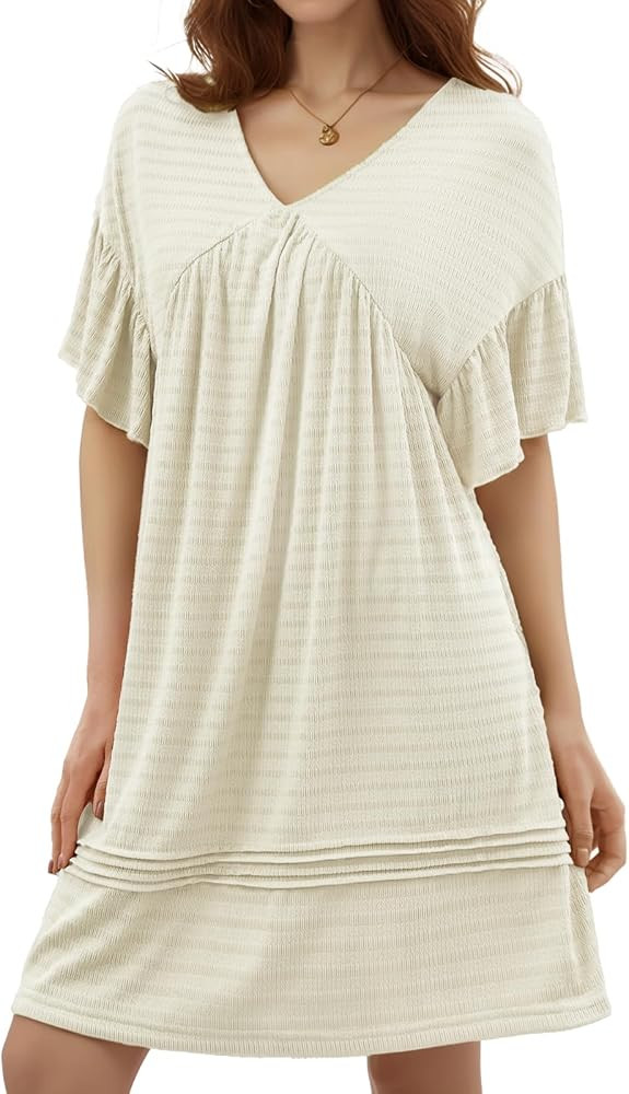 DRESSTELLS Womens Casual Dresses 2025 Spring Flowy Aline V Neck Ruffle T Shirt Summer Dress | Amazon (US)