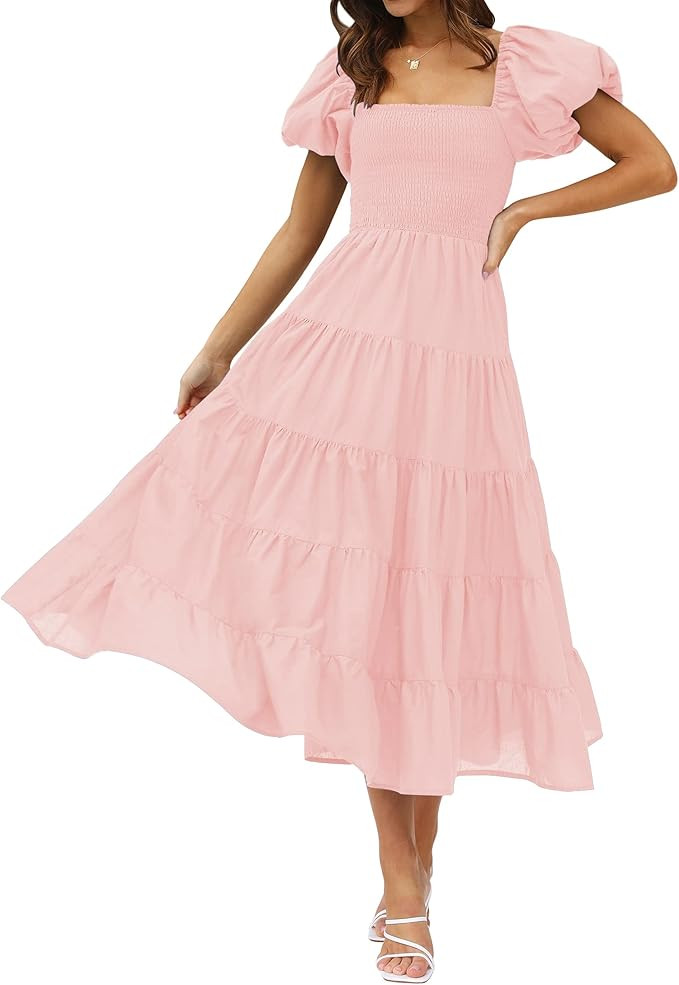 ZESICA Women's 2023 Summer Square Neck Short Puff Sleeve Solid Color High Waist Casual Smocked Fl... | Amazon (US)