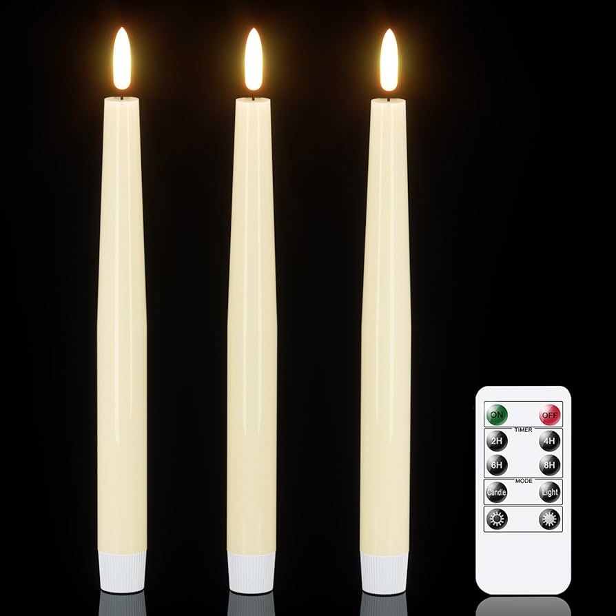 GenSwin Flameless Taper Candles with Remote Timer, Real Wax LED Flickering Candlesticks Battery Operated 3D Wick for Wedding, Party, Home(Ivory, 9.84", Set of 3) | Amazon (US)