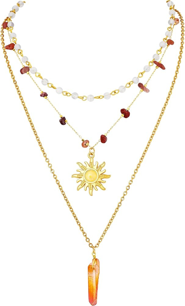 Sacina Layered Crystal Sun Necklace, Gothic Boho Hippie Summer Beach Necklace, Boho Hippie Jewelr... | Amazon (US)