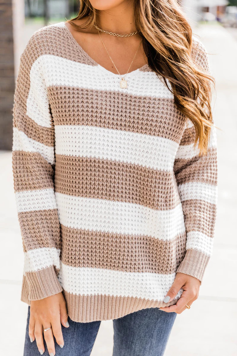 Wishing To See You Taupe Striped Sweater | The Pink Lily Boutique