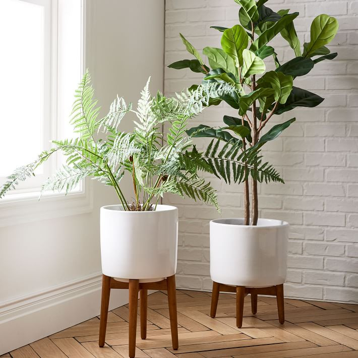 Mid-Century Turned Wood Leg Planters - Solid White | West Elm (US)