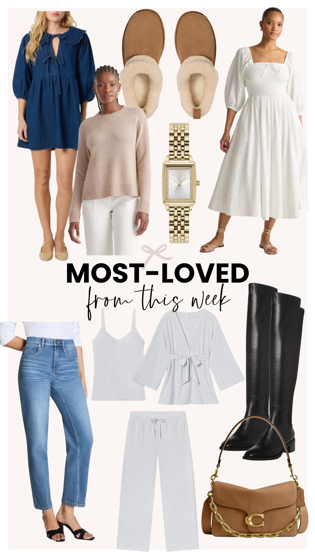 Most-loved form this week! I am loving the Quince long sleeve sweater for fall that would pair perfectly with a skirt and the black knee high boots. You could then accessorize with the couch purse and gold watch for a fall date night look! 

#LTKStyleTip #LTKShoeCrush #LTKItBag