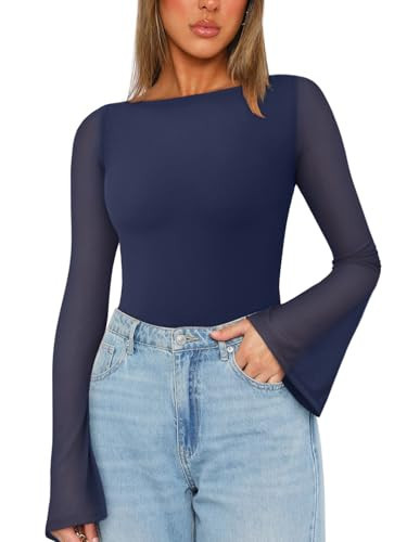 REORIA Women’s Fashion Sexy Boat Neck Classy Bell Sleeve Double Lined Sheer Mesh Cute Night Out Bodysuit Tops For Party Starry Blue XX-Large | Amazon (US)