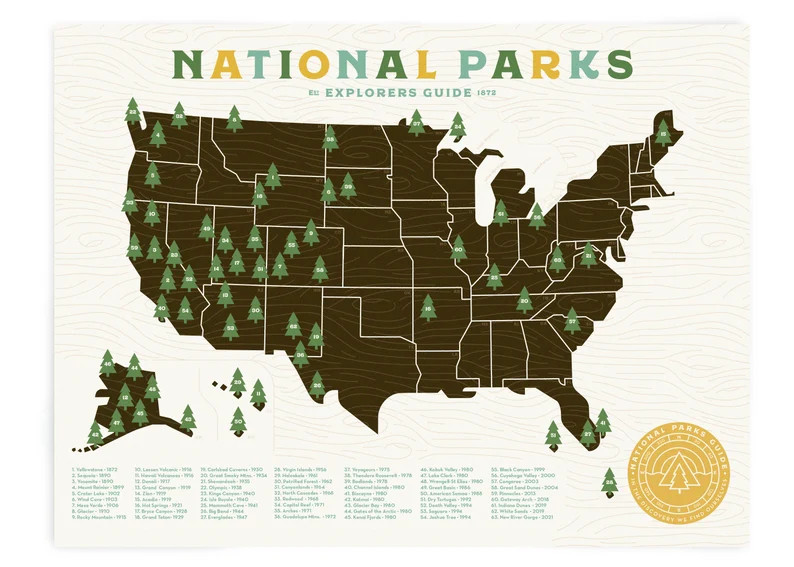 National Parks Map print with Tree Stickers and frame to keep track of your travels | Etsy (US)