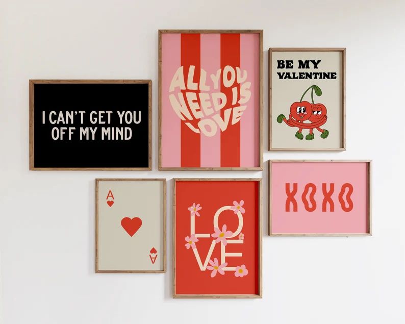 retro valentines day decor | set of 6 valentines printables | trendy retro wall art | pink wall a... | Etsy (US)
