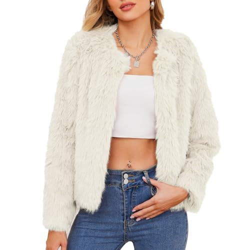 Zando White Fur Coat Women - White Fur Jackets for Women Formal Long Sleeve Pockets Shaggy Cropped Jacket Womens Fluffy Warm Winter Coats 2025 for Daily Weddings Parties Office M | Amazon (US)