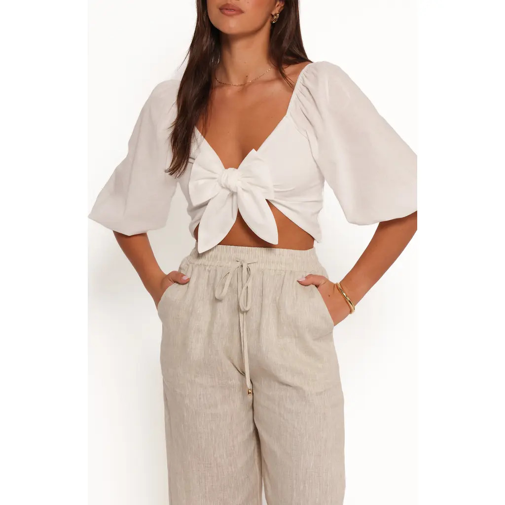 Petal & Pup Celine Tie Front Cotton & Linen Crop Top in White at Nordstrom Rack, Size Medium | Nordstrom Rack
