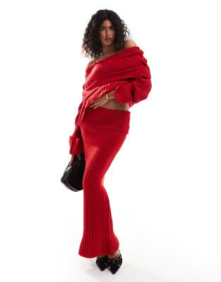 SNDYS rib knit foldover bardot jumper co-ord in red | ASOS (Global)