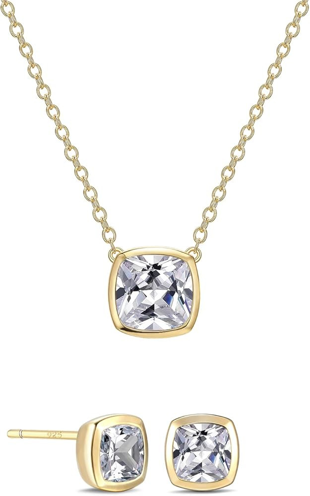 925 Sterling Silver Cubic Zirconia Necklace and Earrings Set for Women, Heart, Cushion, Round, Em... | Amazon (US)