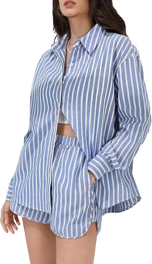 Verdusa Women's 2 Piece Outfits Striped Print Button Down Blouse and Boxer Shorts Set | Amazon (US)