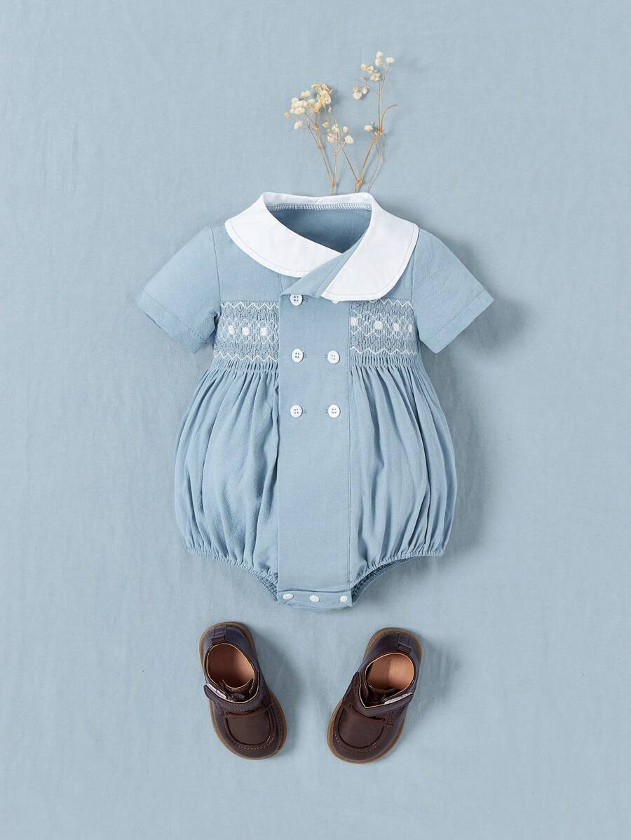 Souflis Baby Boys' Elegant French Retro Collar Cable Knit Double-Breasted Romper, Spring/Summer | SHEIN