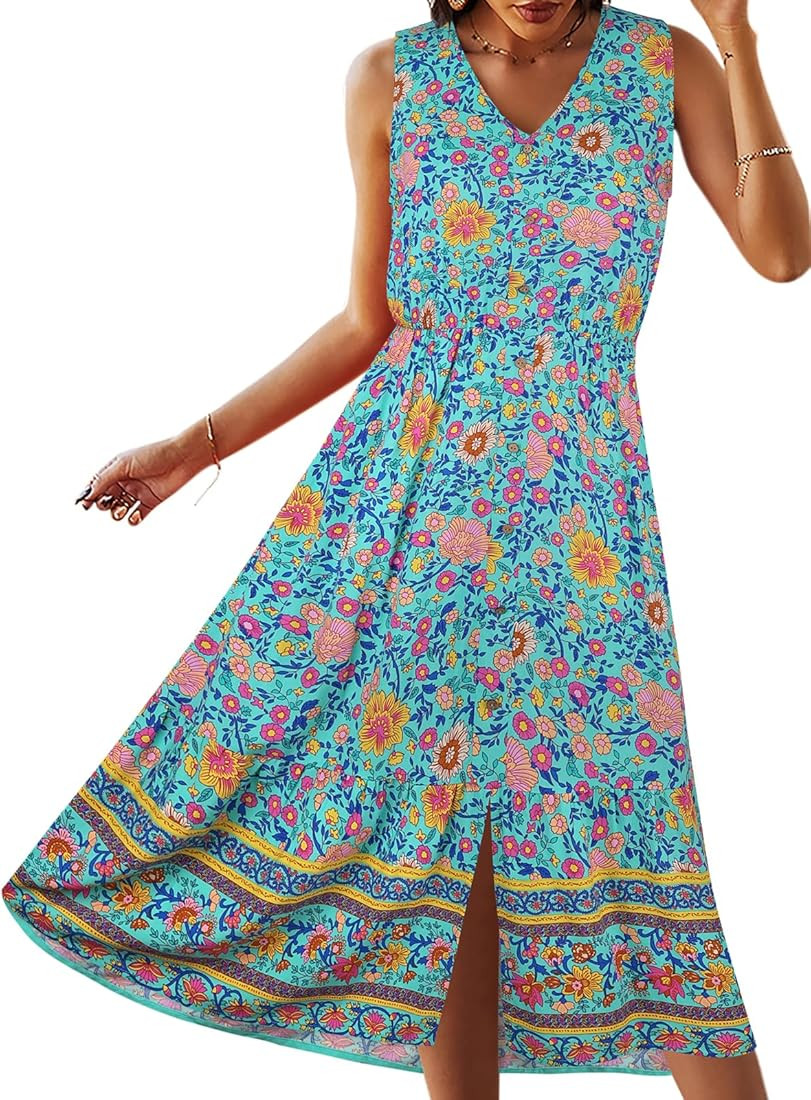 TEMOFON Women Dress Summer Sleeveless Floral Bohemian V Neck Button Down Flowy Dresses S-XL | Amazon (US)