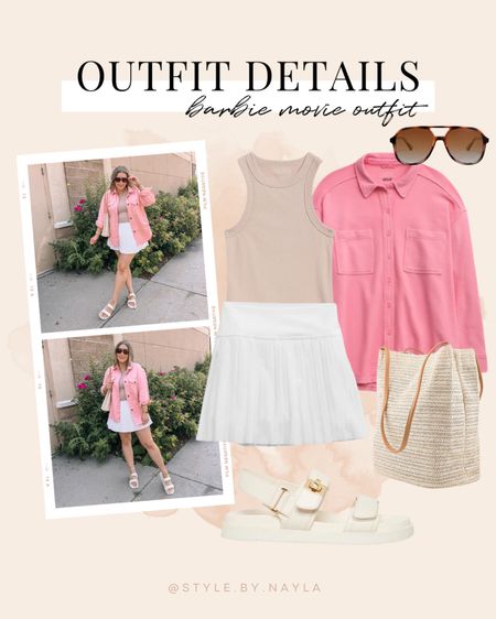 Barbie movie outfit - my pink shacket is from Copper Co (size M), white tennis skirt (size M), my fave layering tank (size M), Steve Madden dad sandals, Amazon straw tote bag and sunglasses

Midsize summer outfit, barbiecore


#LTKFind #LTKshoecrush #LTKstyletip