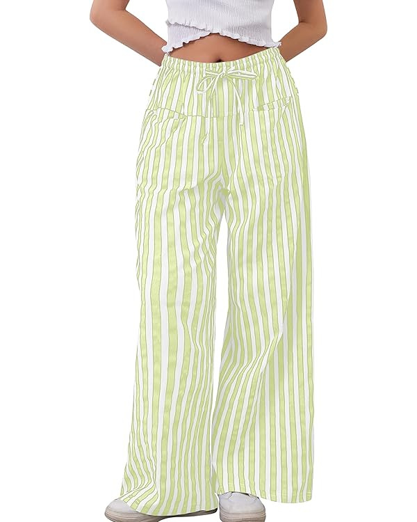 MISSACTIVER Women Drawstring Striped Pants Loose Wide Leg Trousers Casual Low Waist Pants Comfy L... | Amazon (US)
