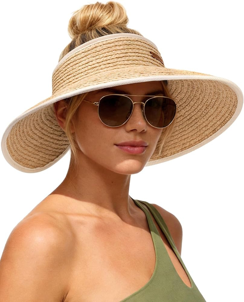 FURTALK Women's Raffia Straw Sun Hats Wide Brim Beach Visor Ponytail Hat Packable UPF 80+ Vacatio... | Amazon (US)