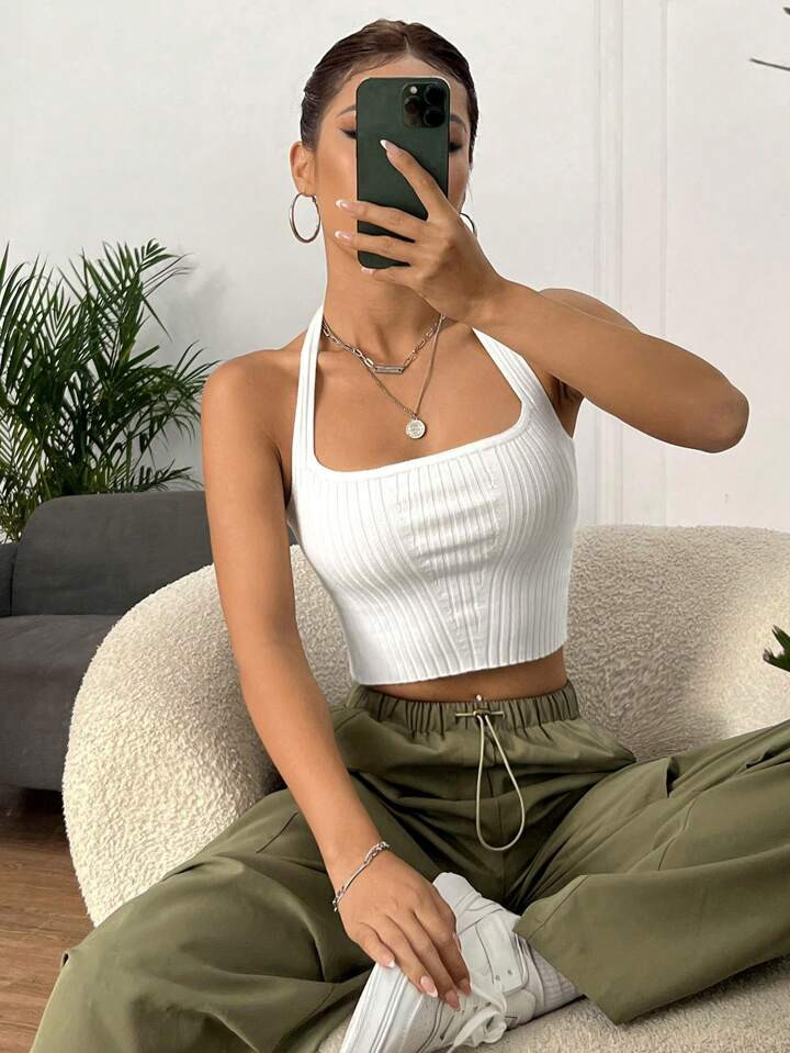 SHEIN EZwear Solid Backless Crop Halter Knit Top | SHEIN