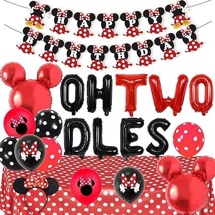 Cartoon Mouse 2nd Birthday Decorations Oh Twodles Cartoon Mouse Head Foil Balloon, Polka Dot Tabl... | Amazon (US)