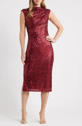 Draped Sleeveless Sequin Sheath Midi Dress | Nordstrom