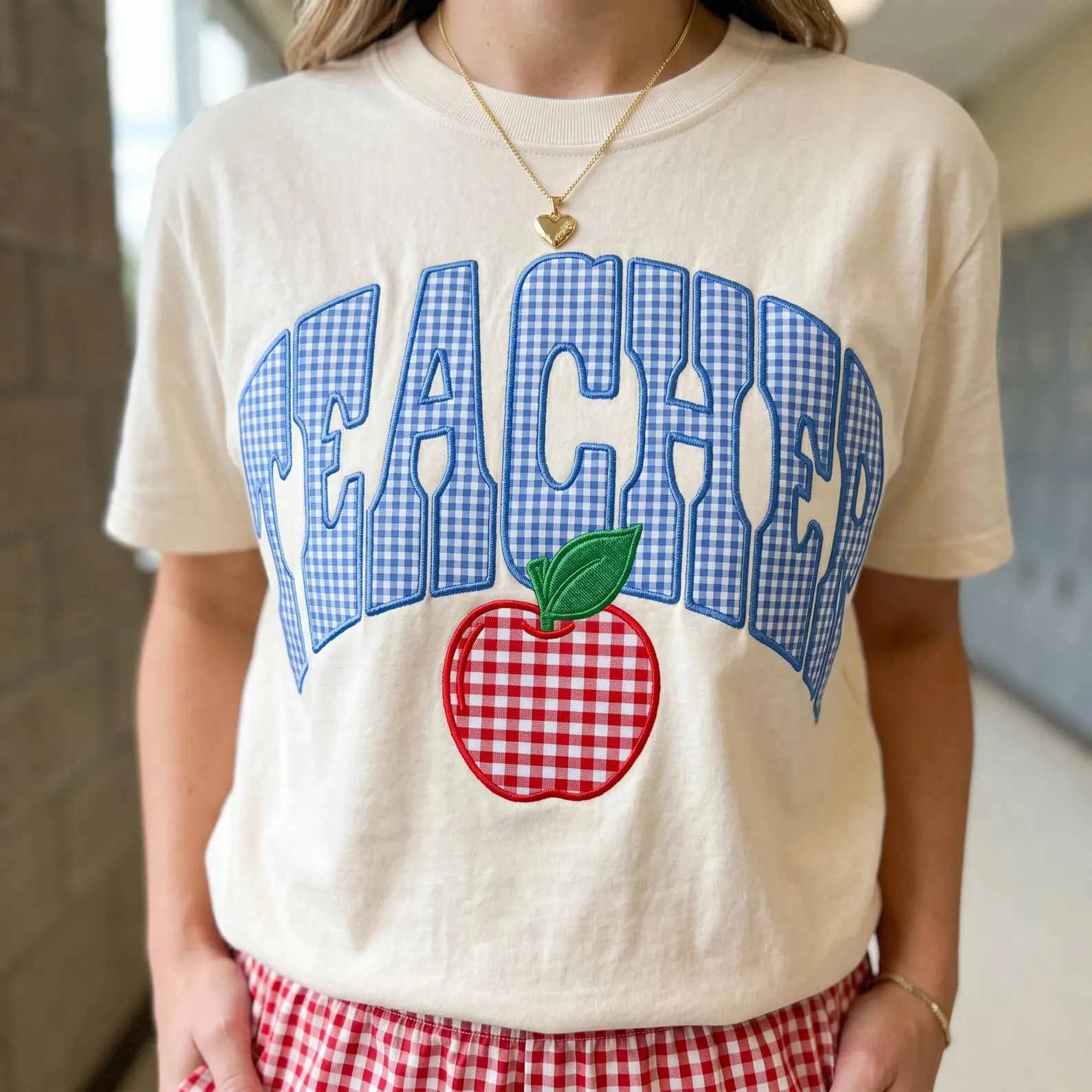 Teacher Applique Embroidered Shirt, Gingham Teacher Sweatshirt, Apple Patch Tee, Back To School T... | Etsy (Global)
