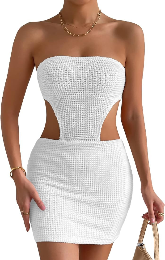 SHENHE Women's Crochet See Through Cover Up Dress Cut Out Sleeveless Bodycon Dresses Strapless Tu... | Amazon (US)