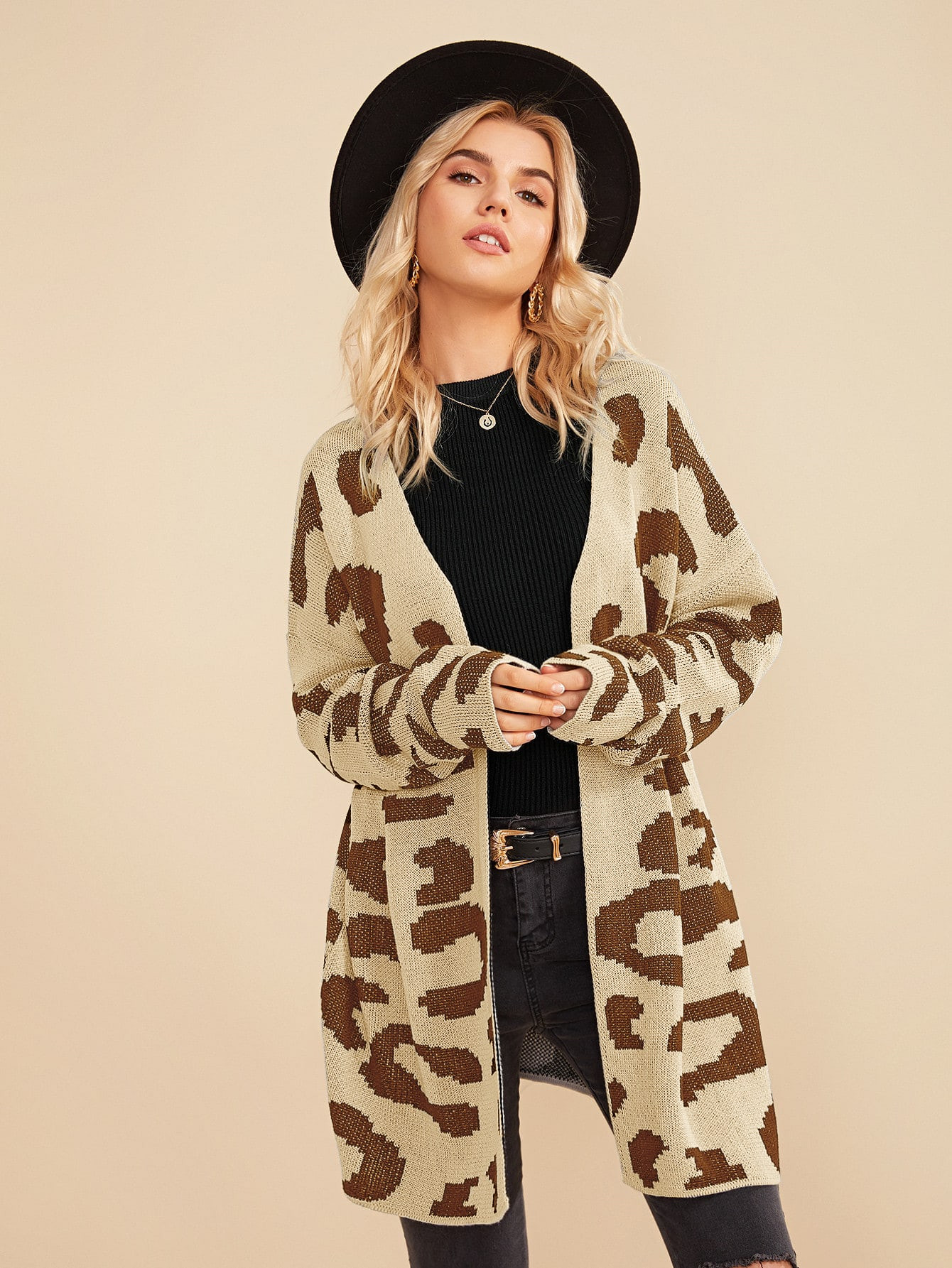 SHEIN Open Front Drop Shoulder Leopard Cardigan | SHEIN