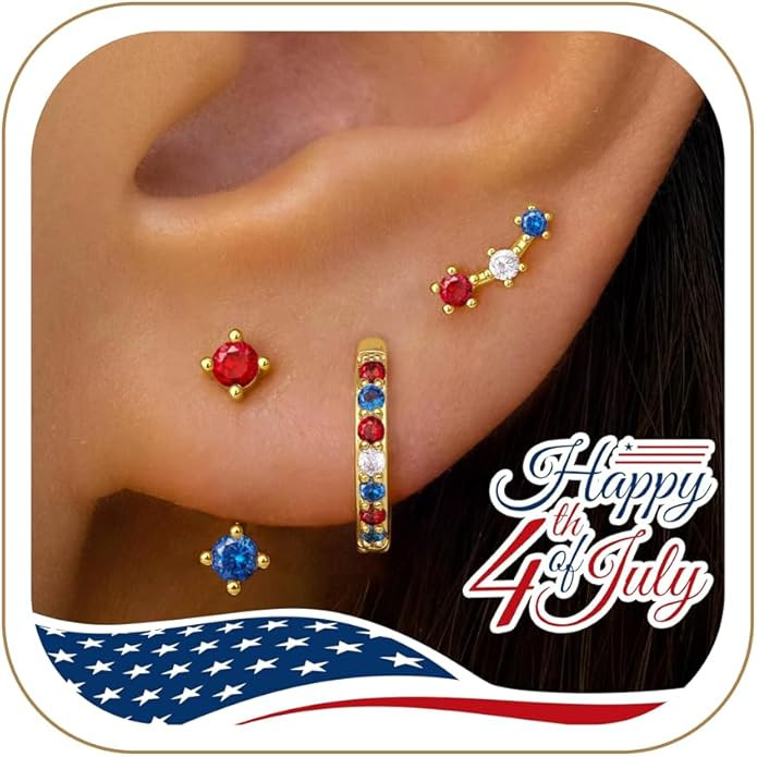 3 Pairs Dainty Small 4th of July Earrings for Women Trendy, Birthstone Stud Huggie Hoop Jacket St... | Amazon (US)