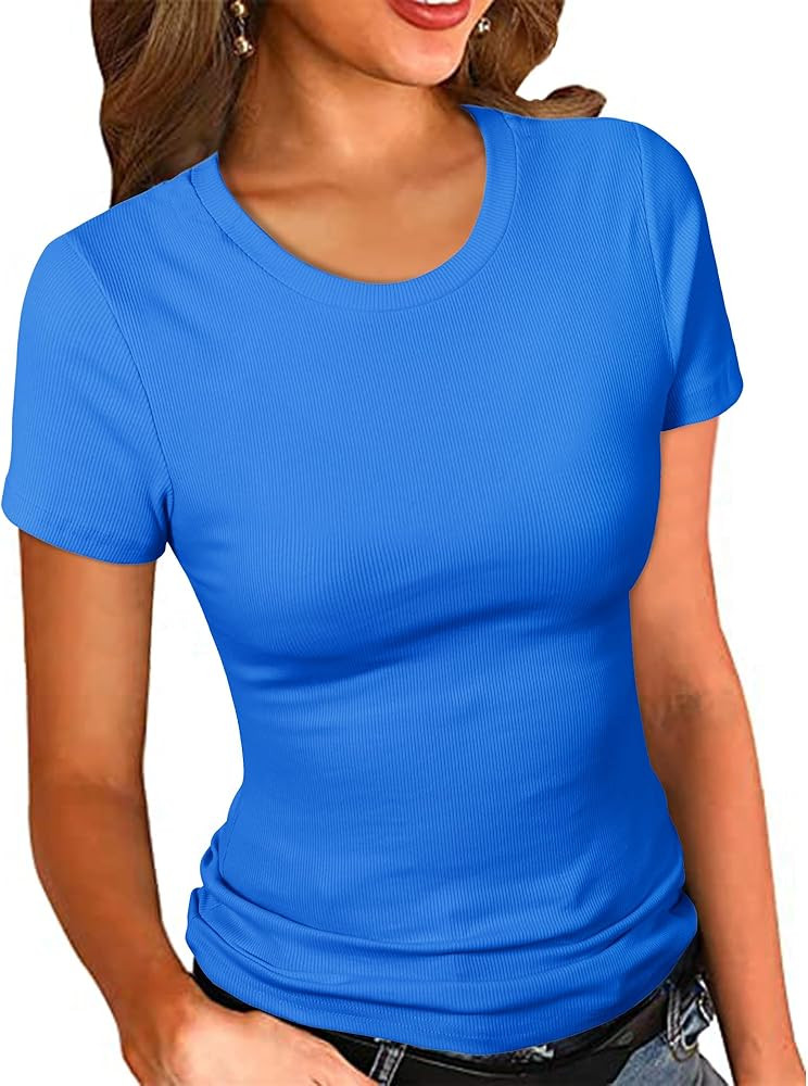 PALINDA Women's Crew Neck Ribbed Fitted Shirt Basic Short Sleeves Summer T Shirt Tops | Amazon (US)
