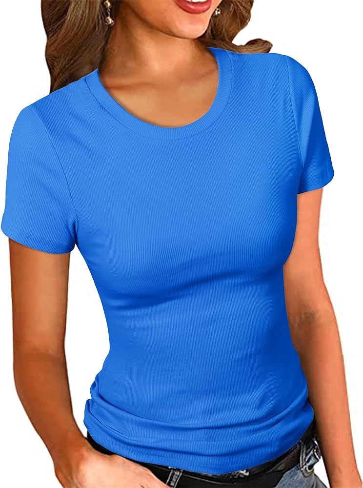 PALINDA Women's Crew Neck Ribbed Fitted Shirt Basic Short Sleeves Summer T Shirt Tops | Amazon (US)