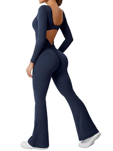 YEOREO One Piece Wide Leg Jumpsuits for Women Workout Long Sleeve Backless Flare Jumpsuit Lizvette Scrunch V Back Yoga Romper Navy Blue M | Amazon (US)