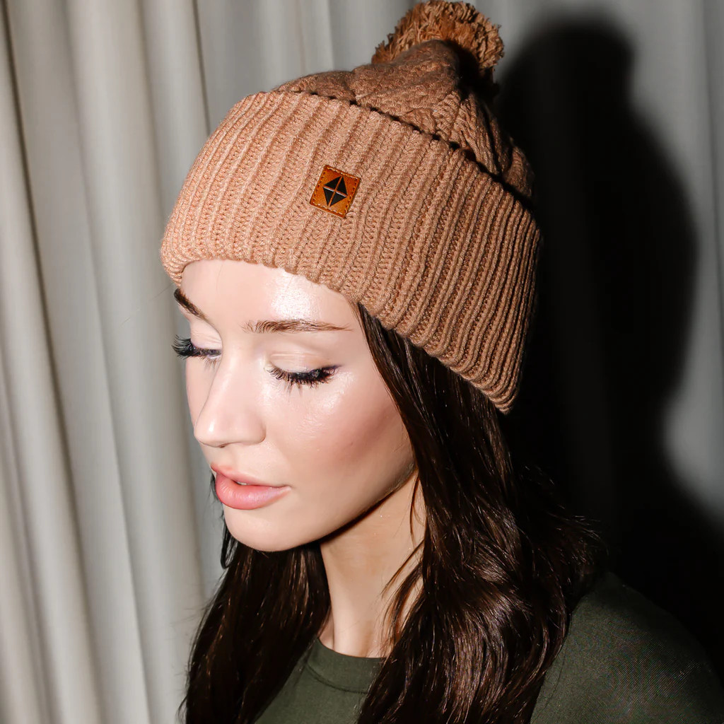 Cable Knit Adult Pom Beanie in Latte | Kyte Baby