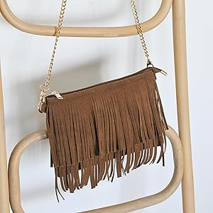 HOXIS Fringe Cross Body Bag Womens Small Shoulder Bag Top Zip Wristlet | Amazon (US)