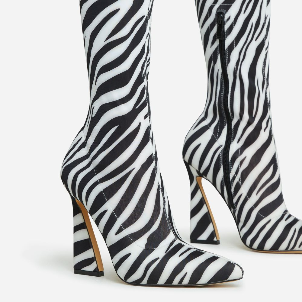 Masterclass Pointed Toe Statement Flared Block Heel Over The Knee Thigh High Long Boot In Zebra P... | EGO Shoes (US & Canada)