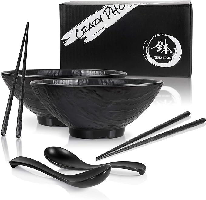 Ramen Bowl and Spoon Set with Chopsticks - Large Pho Bowls and Spoons Set Unbreakable Japanese Me... | Amazon (US)