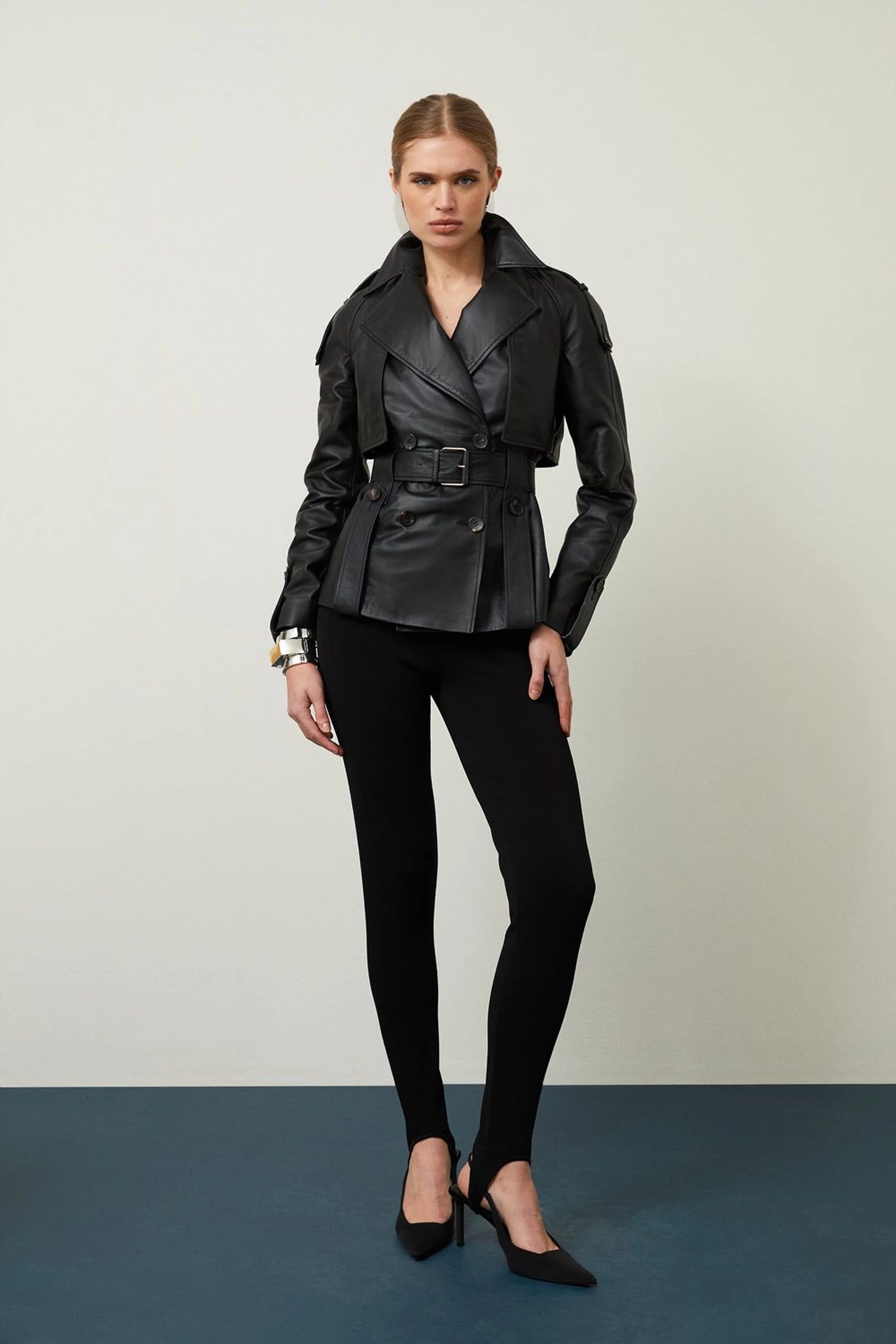 Leather Short Belted Trench Coat | Karen Millen UK + IE + DE + NL