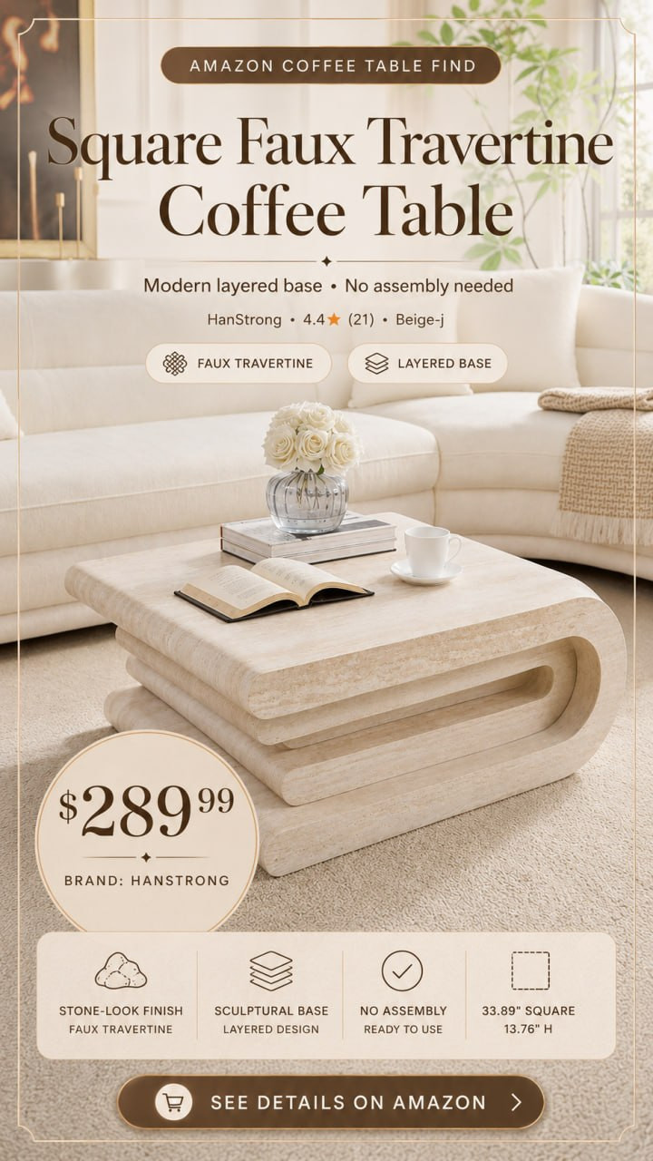 33.89" Square Faux Travertine Pattern Coffee Table for Living Room,MDF Modern Design Irregular Table with Layered Base for Office,Apartment,No Need Assembly,Beige 

 #LTKHome