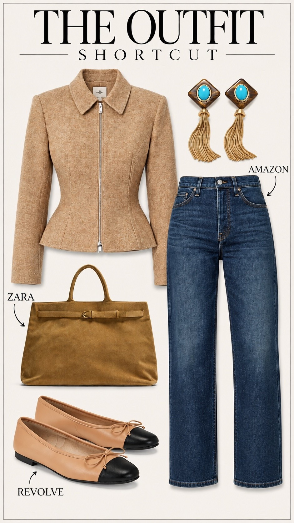Perfect daytime outfit. I love the shape of the jacket. The jeans are actually on Amazon and are part of the Amazon prime sale. I love that the flats are giving Chanel vibes. The earrings add lots of character ￼￼