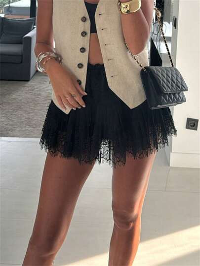 Women's Lace Mini Skirts Casual Low Rise Loose Fit Pleated A-Line Skirts Half Slip Skirt Lace Tri... | SHEIN