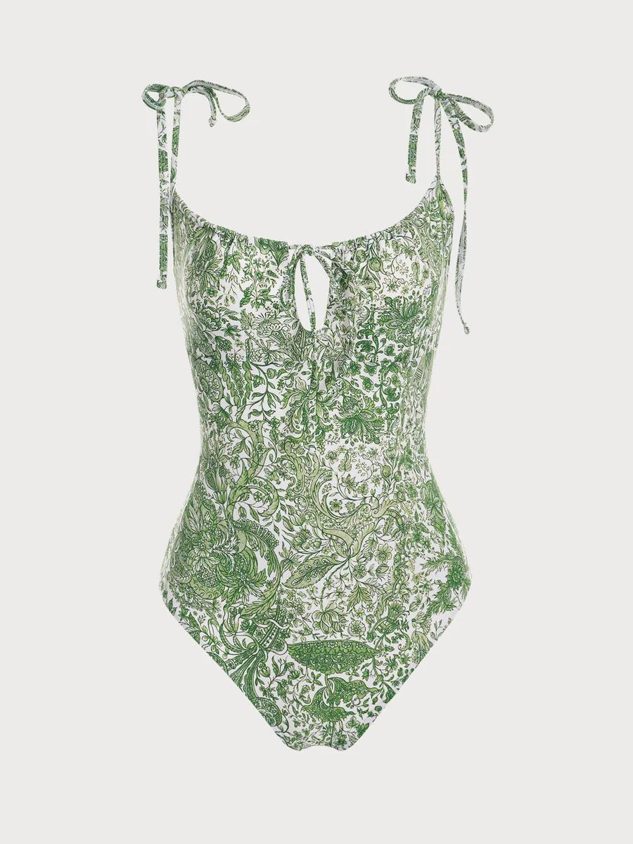 Retro Floral Drawstring Ruched One-Piece Swimsuit & Reviews - Green - Sustainable One-Pieces | BE... | BERLOOK