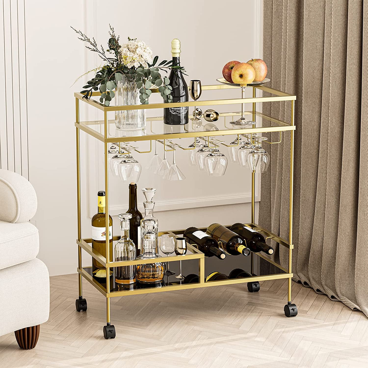 IKIFLY 2-Tier Glass Bar Cart on Wheels - Metal Rolling Serving Cart with Glass Stemware Racks & W... | Walmart (US)