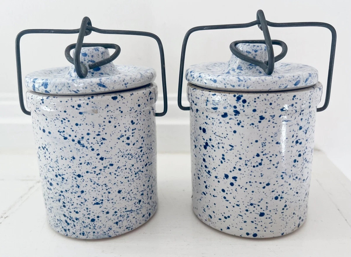 Vintage Stoneware Cheese Crock w/Wire Bail Lid Closure Blue Speckled 3-1/4”D x5” | eBay US