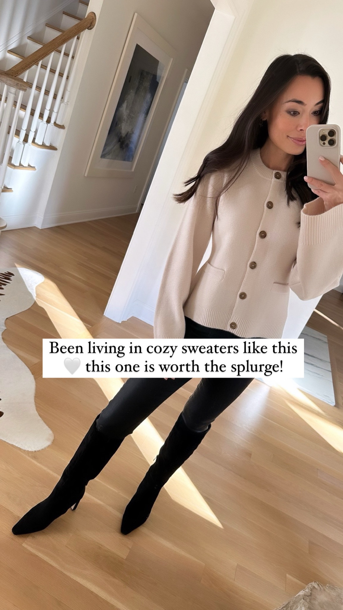 Cardigan, sweater, coated skinny jeans, boots, winter outfit. 

#LTKWorkwear #LTKShoeCrush #LTKSeasonal