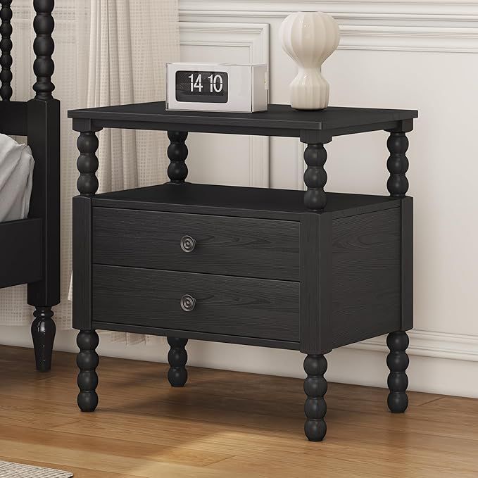 FairyHaus Black Nightstand with 2 Drawers, Wood Nightstands with Gourd Shaped Legs, Bedside Table... | Amazon (US)