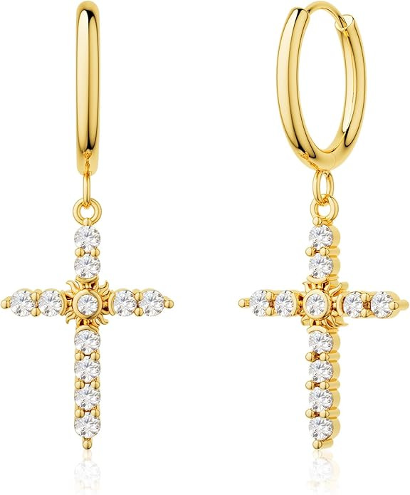 Cross Earrings for Women Sunrise Cross Dangle Earrings Small Hoop Huggie Earring Hypoallergenic L... | Amazon (US)
