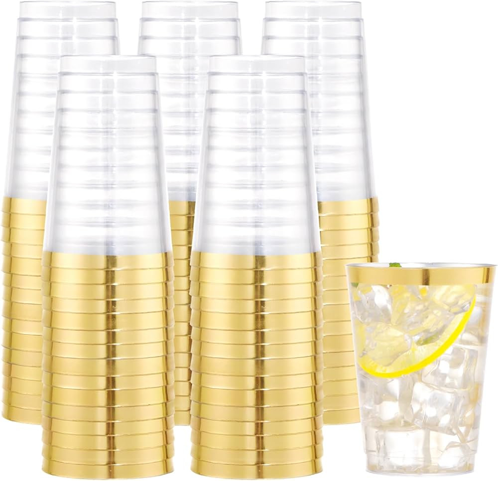I00000 100PCS Gold Plastic Cups,10 oz Clear Plastic Cups with Gold Trim, Heavy-Duty Disposable Ha... | Amazon (US)