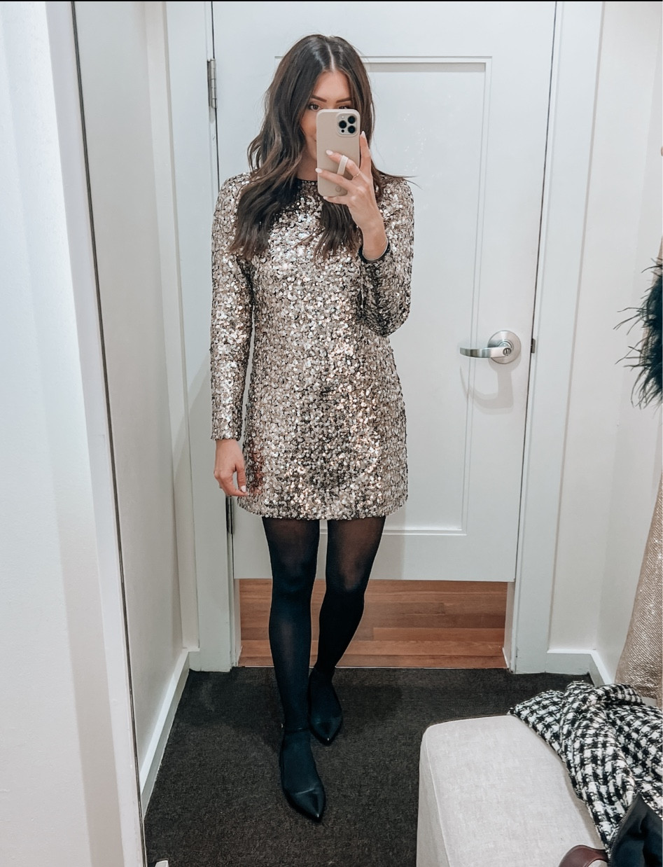 Gold sequin dress shop with black tights