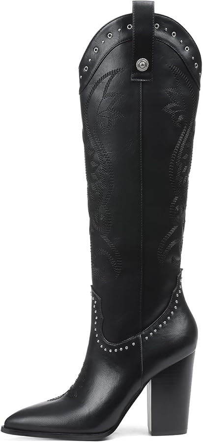 VOMIRA Knee High Cowboy Boots for Women Pointed Toe Chunky High Heels Pull-on Embroidered Boots W... | Amazon (US)