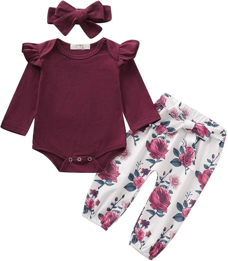 Newborn Baby Girl Clothes Toddler Girl Outfits Ruffle Long Sleeve Tops Pants with Hats and Headba... | Amazon (US)