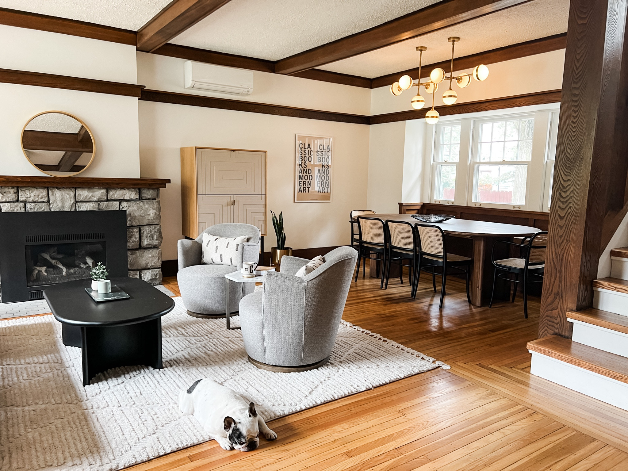 We went for light & bright in our living and dining space, adding textures and neutral colors to complement the warmth of the original wood and stone details. Our Frenchie, Louis XIV finds it cozy too!

#LTKstyletip #LTKhome #LTKFind